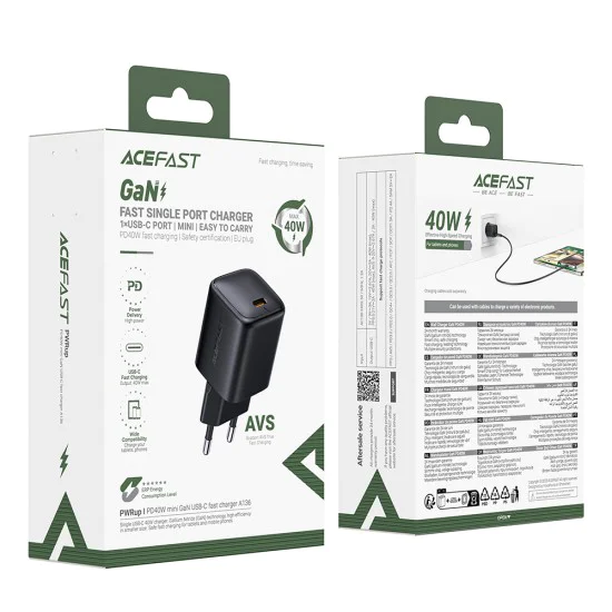 Зарядно устройство Acefast (A136) - Type-C, GaN, Mini дизайн, PD40W - Черно