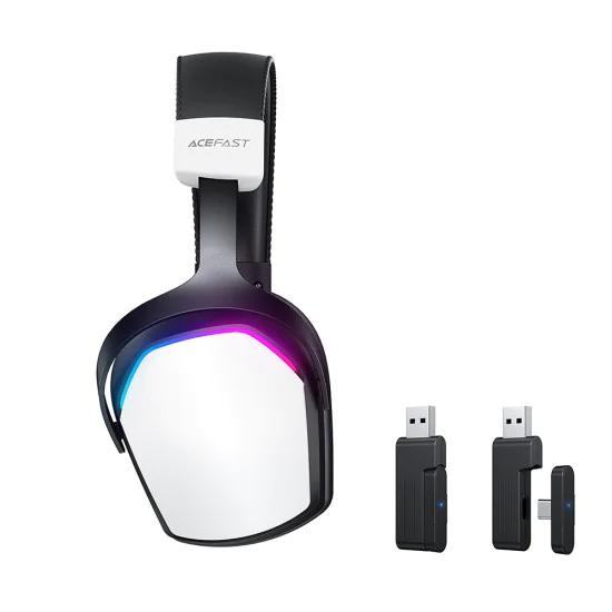 Геймърски слушалки Acefast H11 - безжични, BT5.4, 2.4G, AUX, 50mm, Low Latency, RGB, 1000mAh, USB-C - Бели