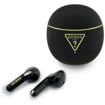 Безжични слушалки Guess Script Print - In-ear, Bluetooth, TWS, малък кръгъл дизайн - Черни