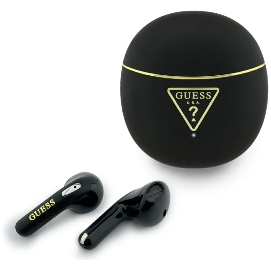 Безжични слушалки Guess Script Print - In-ear, Bluetooth, TWS, малък кръгъл дизайн - Черни
