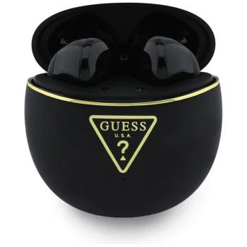 Безжични слушалки Guess Script Print - In-ear, Bluetooth, TWS, малък кръгъл дизайн - Черни