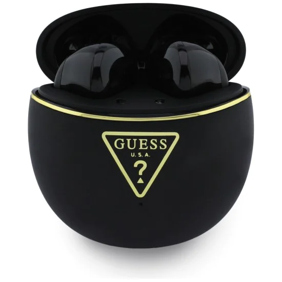 Безжични слушалки Guess Script Print - In-ear, Bluetooth, TWS, малък кръгъл дизайн - Черни