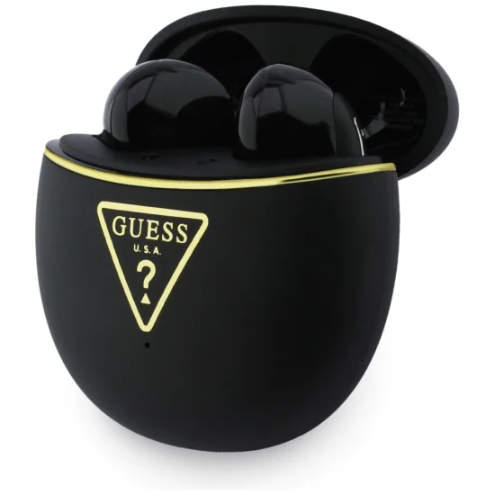 Безжични слушалки Guess Script Print - In-ear, Bluetooth, TWS, малък кръгъл дизайн - Черни