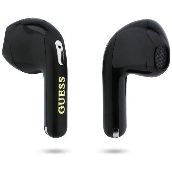 Безжични слушалки Guess Script Print - In-ear, Bluetooth, TWS, малък кръгъл дизайн - Черни