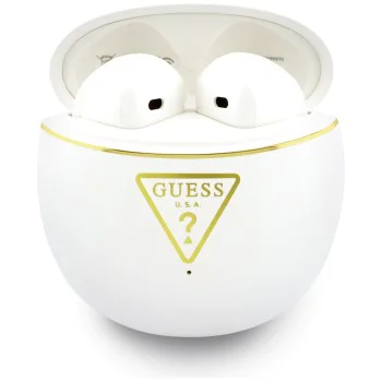 Безжични слушалки Guess Script Print - In-ear, Bluetooth, TWS, малък кръгъл дизайн - Бели
