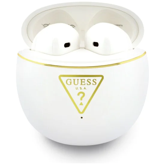 Безжични слушалки Guess Script Print - In-ear, Bluetooth, TWS, малък кръгъл дизайн - Бели