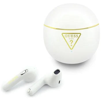 Безжични слушалки Guess Script Print - In-ear, Bluetooth, TWS, малък кръгъл дизайн - Бели