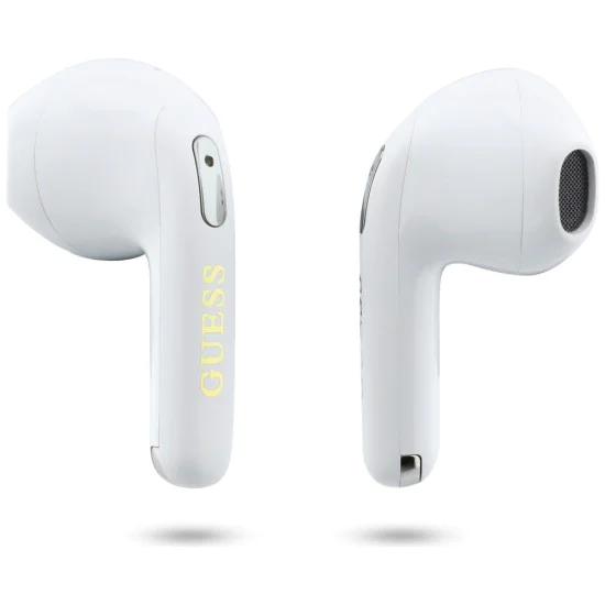 Безжични слушалки Guess Script Print - In-ear, Bluetooth, TWS, малък кръгъл дизайн - Бели