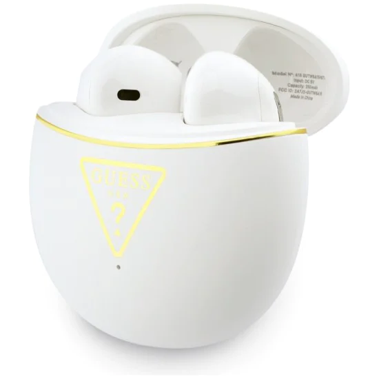 Безжични слушалки Guess Script Print - In-ear, Bluetooth, TWS, малък кръгъл дизайн - Бели