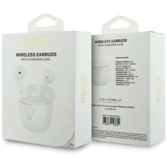 Безжични слушалки Guess Script Print - In-ear, Bluetooth, TWS, малък кръгъл дизайн - Бели