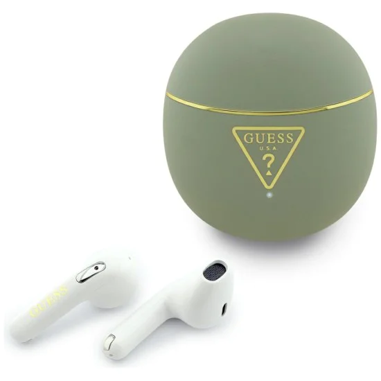 Безжични слушалки Guess Script Print - In-ear, Bluetooth, TWS, малък кръгъл дизайн - Хаки