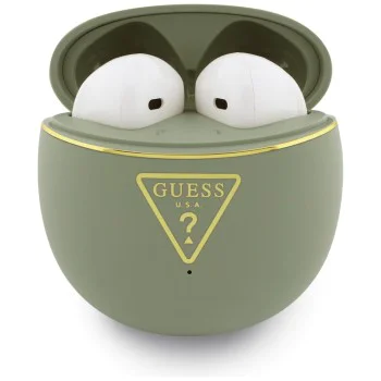 Безжични слушалки Guess Script Print - In-ear, Bluetooth, TWS, малък кръгъл дизайн - Хаки
