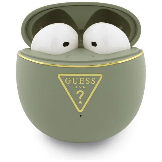 Безжични слушалки Guess Script Print - In-ear, Bluetooth, TWS, малък кръгъл дизайн - Хаки