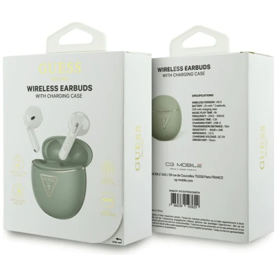 Безжични слушалки Guess Script Print - In-ear, Bluetooth, TWS, малък кръгъл дизайн - Хаки