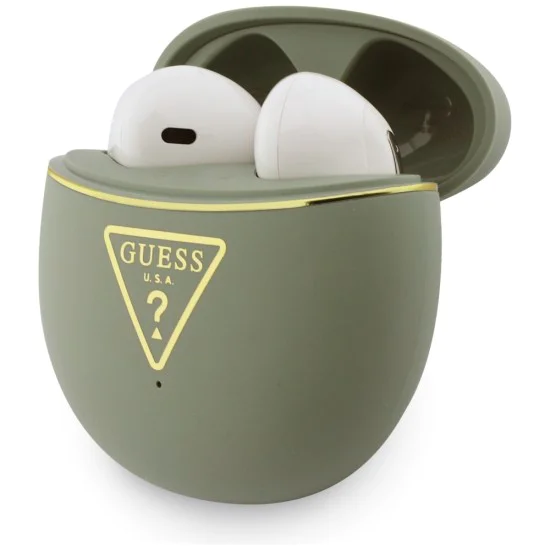 Безжични слушалки Guess Script Print - In-ear, Bluetooth, TWS, малък кръгъл дизайн - Хаки