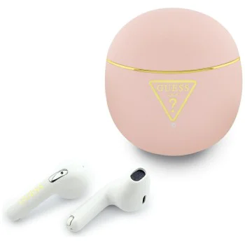 Безжични слушалки Guess Script Print - In-ear, Bluetooth, TWS, малък кръгъл дизайн - Розови