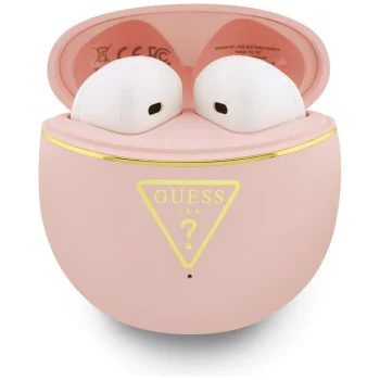 Безжични слушалки Guess Script Print - In-ear, Bluetooth, TWS, малък кръгъл дизайн - Розови