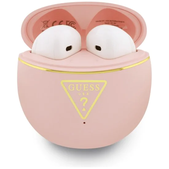 Безжични слушалки Guess Script Print - In-ear, Bluetooth, TWS, малък кръгъл дизайн - Розови