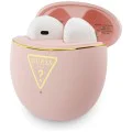 Безжични слушалки Guess Script Print - In-ear, Bluetooth, TWS, малък кръгъл дизайн - Розови