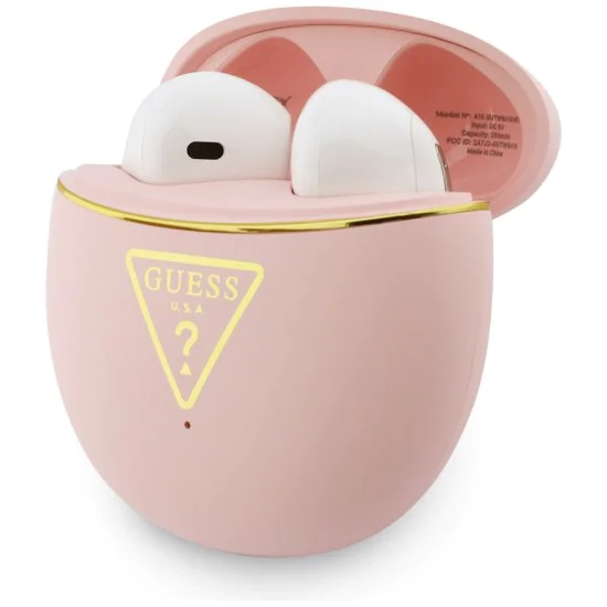 Безжични слушалки Guess Script Print - In-ear, Bluetooth, TWS, малък кръгъл дизайн - Розови