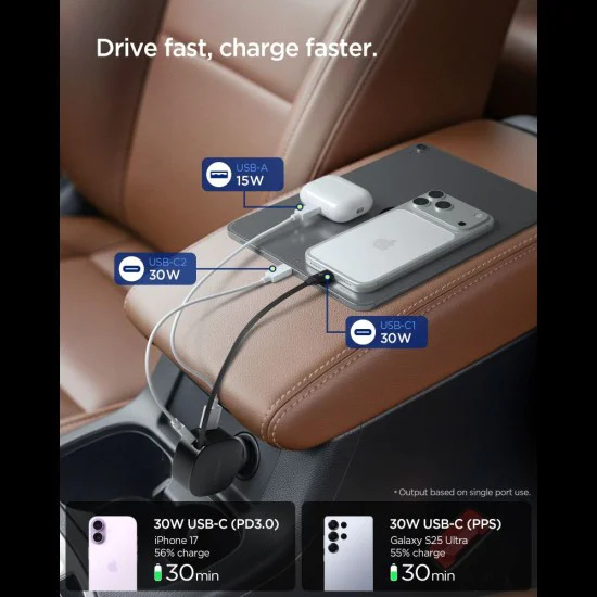 Зарядно за кола Spigen Essential EV603BT (ACP10515) - 3в1, вграден разтегателен кабел, 60W - Черно
