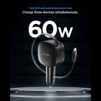 Зарядно за кола Spigen Essential EV603BT (ACP10515) - 3в1, вграден разтегателен кабел, 60W - Черно