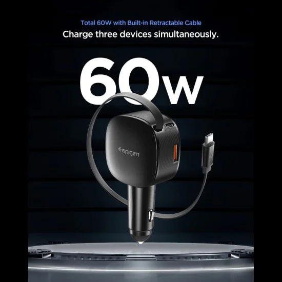 Зарядно за кола Spigen Essential EV603BT (ACP10515) - 3в1, вграден разтегателен кабел, 60W - Черно