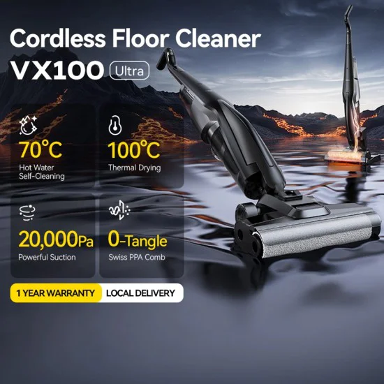 Безжична прахосмукачка Deerma VX100 Ultra - Dry & Wet Cleaning, 20000Pa, 300W, Auto Brush Wash, 6x4000mAh, IPX6 - Черна