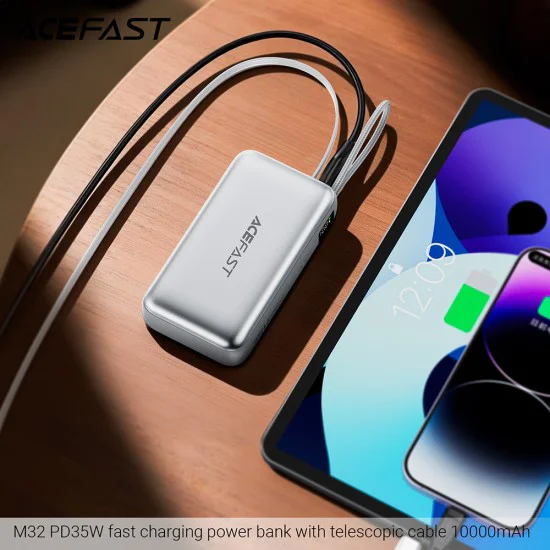 Външна батерия Acefast (M32) - с телескопичен Type-C кабел, PD35W, 10000mAh - Сребриста