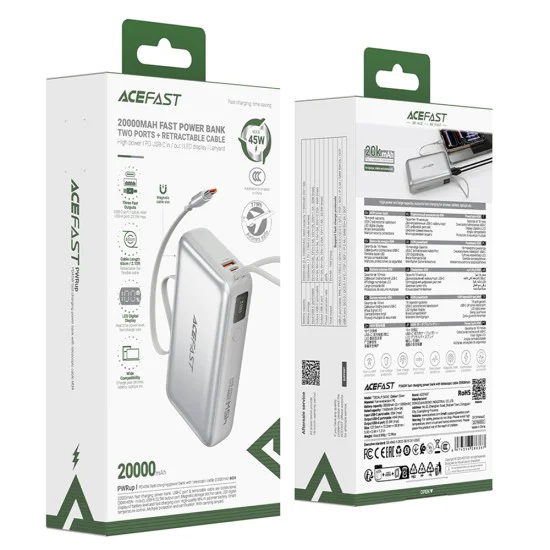 Външна батерия Acefast (M34) - с телескопичен Type-C кабел, PD45W, 20000mAh - Сребриста