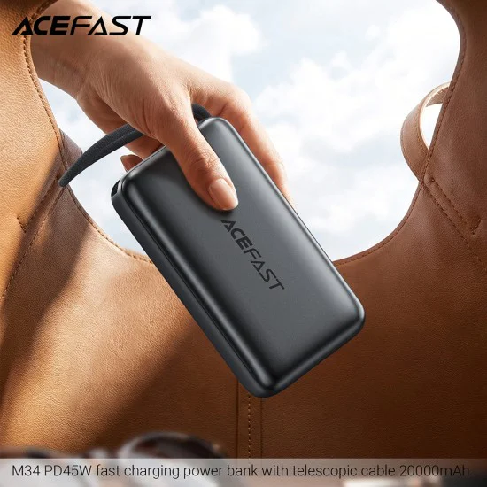Външна батерия Acefast (M34) - с телескопичен Type-C кабел, PD45W, 20000mAh - Сребриста