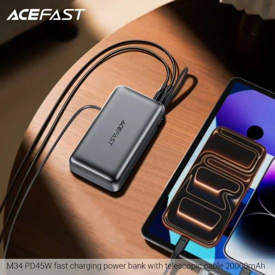 Външна батерия Acefast (M34) - с телескопичен Type-C кабел, PD45W, 20000mAh - Сива