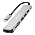 Techsuit - Докинг станция TurboChargeX 6 в 1 (H5) - Type-C към 2x USB, Type-C, HDMI, TF/SD карта, PD87W, 4K@30Hz - Сив