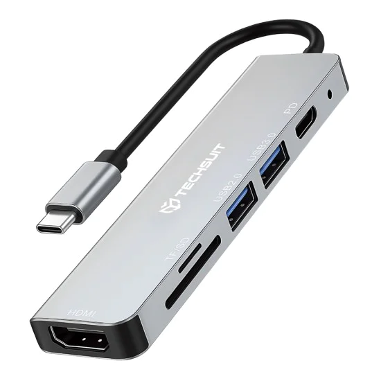 Techsuit - Докинг станция TurboChargeX 6 в 1 (H5) - Type-C към 2x USB, Type-C, HDMI, TF/SD карта, PD87W, 4K@30Hz - Сив