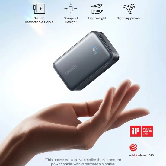 Външна батерия Anker Nano (A1638H11) - вграден Type-C кабел, 10000mAh, 45W, LED дисплей - Черна