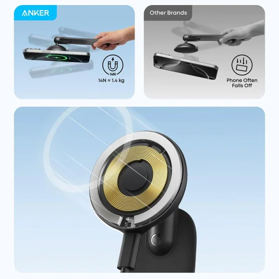 Стойка за кола Anker Nano Magnetic (A9110H11) - за табло/екран, 3M залепване, 360°, универсална - Черна