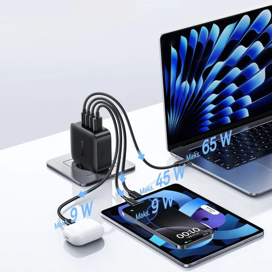Зарядно устройство Baseus EnerFill FH11 (E0121J00) - 3x USB-C, 1x USB-A, 140W, GaN технология - Черно