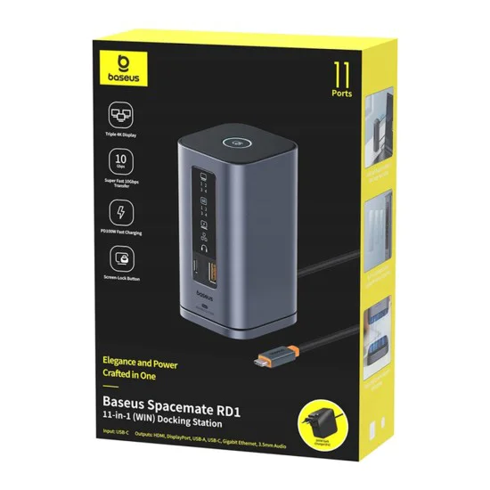 Докинг станция Baseus Spacemate Series 11in1 (B0112701) - троен 4K дисплей, 10Gbps, PD100W - Сива