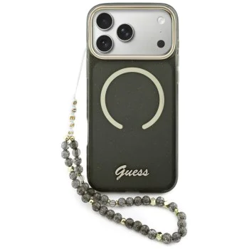 Калъф за iPhone 17 Pro Max - IML Glitter Script Strap MagSafe - Guess - Черен