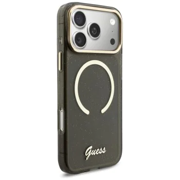 Калъф за iPhone 17 Pro Max - IML Glitter Script Strap MagSafe - Guess - Черен