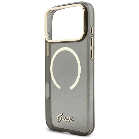 Калъф за iPhone 17 Pro Max - IML Glitter Script Strap MagSafe - Guess - Черен