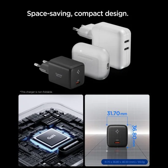 Зарядно устройство Spigen Essential EE451EU (ACH09474) - USB-C с Type-C кабел, 45W - Черно