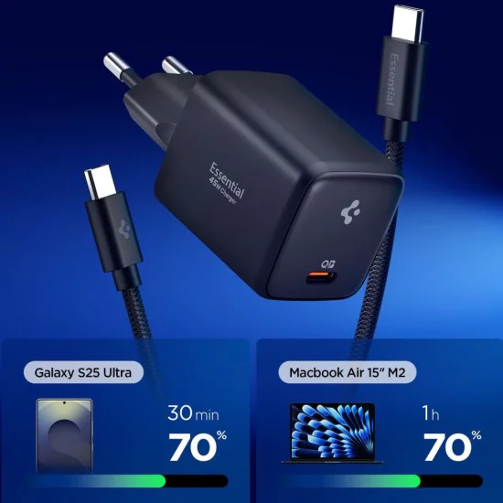 Зарядно устройство Spigen Essential EE451EU (ACH09474) - USB-C с Type-C кабел, 45W - Черно