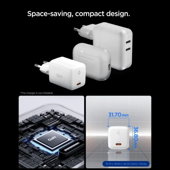 Зарядно устройство Spigen Essential EE451EU (ACH09473) - USB-C с Type-C кабел, GaN, 45W - Бяло