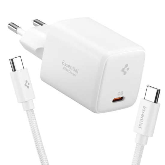 Зарядно устройство Spigen Essential EE451EU (ACH09473) - USB-C с Type-C кабел, GaN, 45W - Бяло