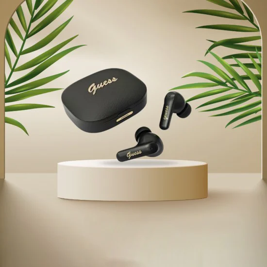 Безжични слушалки Guess Script Metal Logo - TWS, Bluetooth 5.4 - Черни
