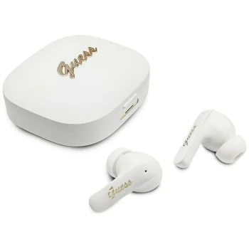 Безжични слушалки Guess Script Metal Logo - TWS, Bluetooth 5.4 - Бели