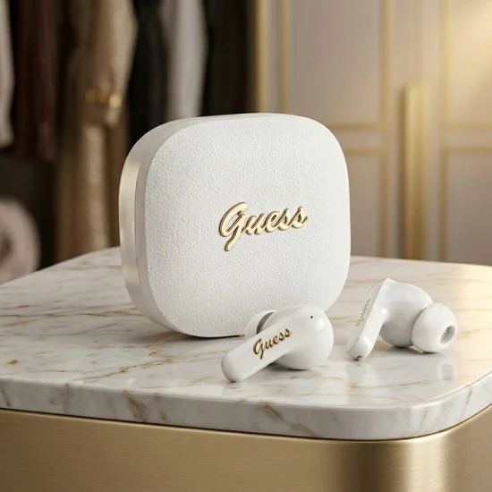 Безжични слушалки Guess Script Metal Logo - TWS, Bluetooth 5.4 - Бели