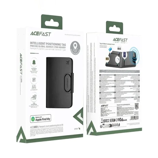 Смарт калъф за паспорт Acefast (S6) - Apple Find My, вграден тракер - Черен