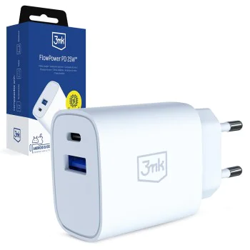 Зарядно устройство 3mk Wall Charger GaN - USB, Type-C 25W, QC4 - Бяло